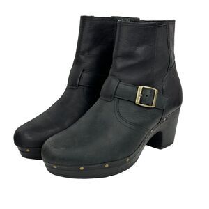 Womens Clarks Black Leather Studded Heeled Clogs Moto Buckle Boots Size 9.5 M